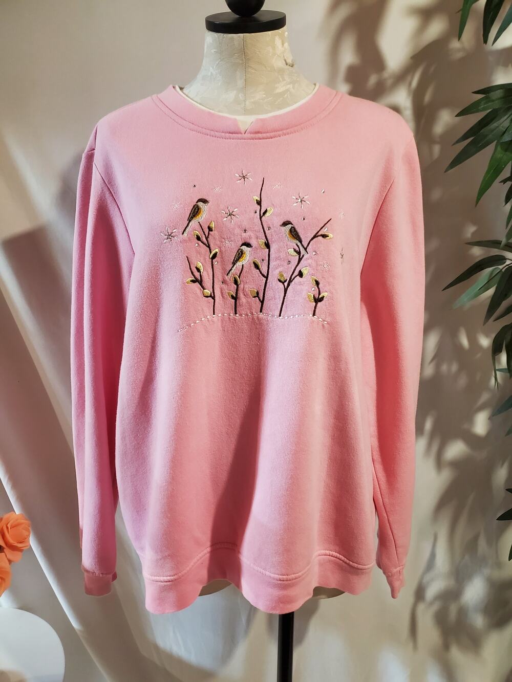 Vtg Breckenridge Bird Tree Rhinestone Embroidered Sweatshirt Size XL Granny Pink